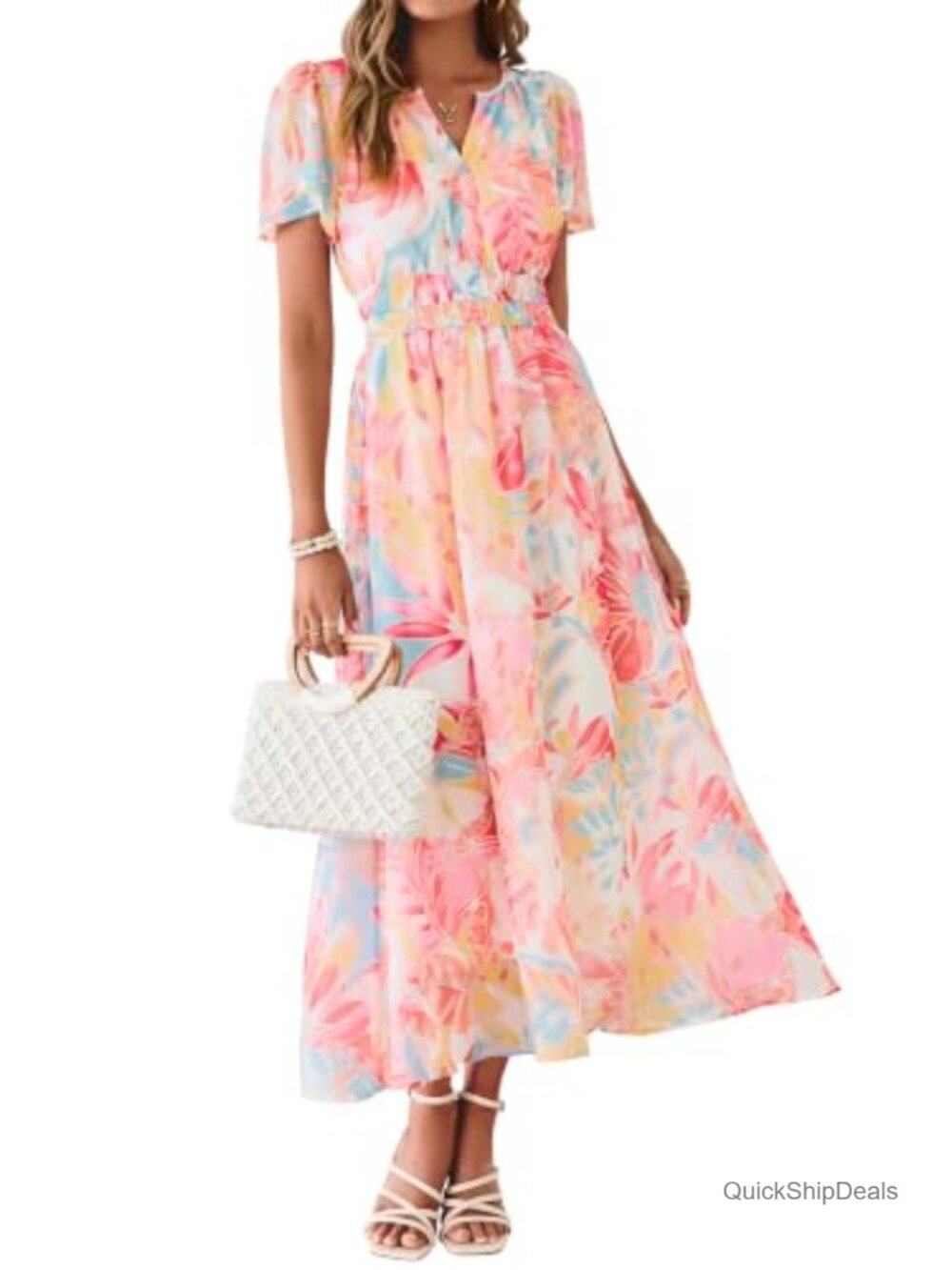 Women Floral Chiffon Maxi Dress V Neck Short Sleeve Boho Wedding Guest